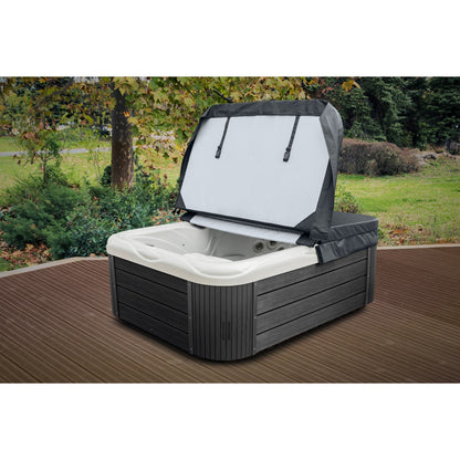 Couverture de spa Wellis BlackTex rectangulaire à coins arrondis, ouverte sur le spa